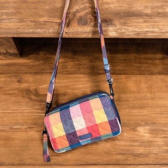 Vera Bradley All in One Crossbody Tropics Plaid Wallet and ID Badge Coin Purse - Picture 3 of 9